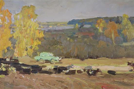 Russian School, oil on board, Farm scene, 26 x 68cm